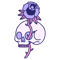 tattoo in traditional style of a skull and rose in bright neon color