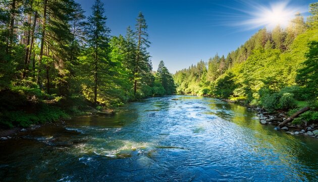 serene river flows through lush green landscape surrounded by rolling hills and mountains clear blue sky scene evokes tranquility and natural