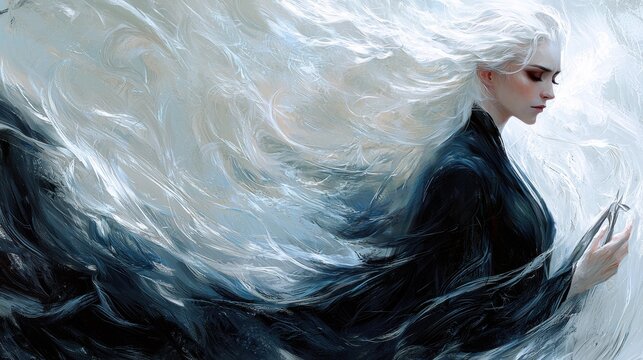 Atropos, eldest Fate, stands silently clad in shadowy robes, holding silver shears ready sever glowing thread of destiny, her gaze filled profound knowledge