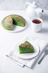 Asian pandan green cake in a plate