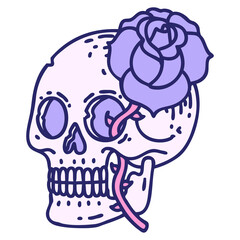 iconic tattoo style image of a skull and rose in bright neon color