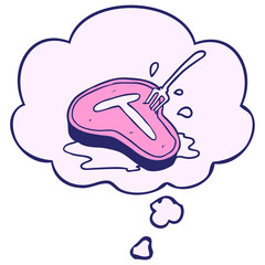 cartoon steak with thought bubble in bright neon color