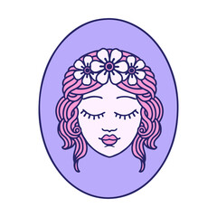 tattoo in traditional style of a maiden with eyes closed in bright neon color