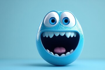 Fototapeta premium Cute glossy blue cartoon face radiating joy and excitement with wide open mouth