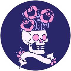 tattoo style icon with banner of a skull and roses in bright neon color