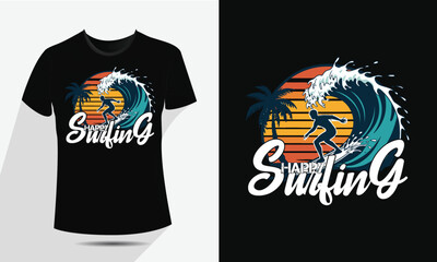 Vintage Surfing T-Shirt Design &ndash; Retro Wave Rider Graphic with Sunset and Palm Trees