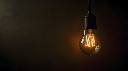  A warm lightbulb hanging from a cord in front of a matte wall, moody shadows behind