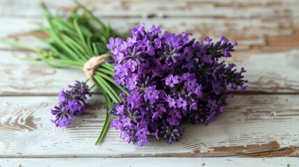Purple lavender bouquet tied with twine rests on a white, weathered wood surface