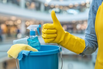 Woman with Cleaning Supplies Giving Thumbs Up Gesture

