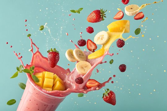 "Fruit smoothie splash with flying strawberries, bananas, and mango slices in vibrant motion"


