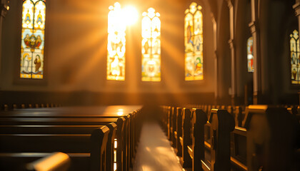 Peaceful church interior with warm sunlight through stained glass, highlighting empty wooden pews.