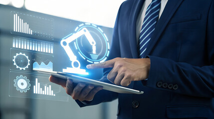 Businessman using tablet with robotic arm automation interface
