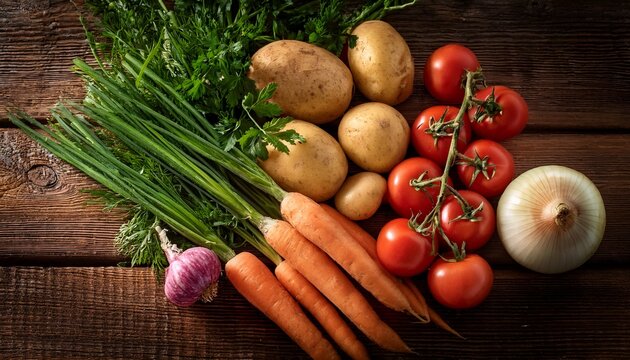 fresh organic vegetables carrots tomatoes potatoes onions and spring greens on rustic wooden table