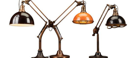 Three vintage industrial desk lamps illuminate against a dark backdrop, showcasing unique design elements.transparent PNG, isolated background
