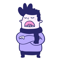 cartoon obnoxious man in winter clothes in bright neon color