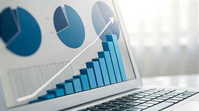 Laptop Screen Showing Upward Trending Bar Graph and Pie Charts Business Growth Visualization