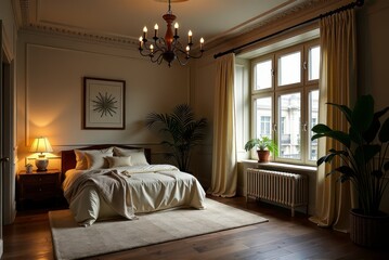 Vintagestyle bedroom with warm lighting, cozy bed, plants, and a large window creating a peaceful atmosphere. Reuse of wooden pallets, care for the environment. secondary raw materials and recycling