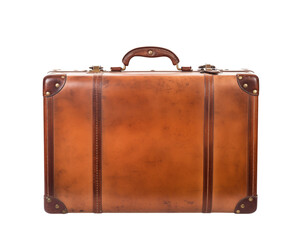 Vintage brown suitcase evoking travel and adventure against a black background.transparent PNG, isolated background