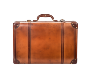 Vintage brown suitcase evoking travel and adventure against a black background.transparent PNG, isolated background