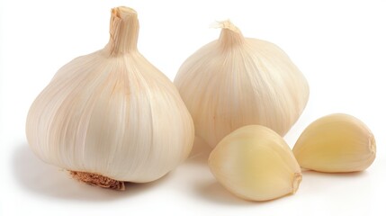 Obraz premium Fresh garlic bulbs and cloves are showcased. Close-up shot highlighting the textures and colors, white background