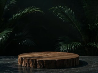 Luxury Wooden Display Platform on Dark Stone Base with Tropical Background