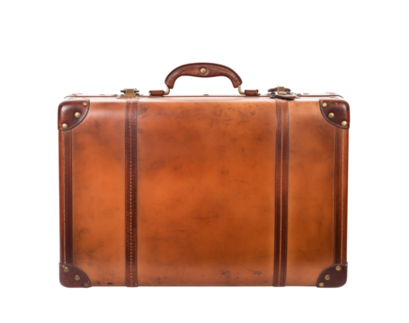 Vintage brown suitcase evoking travel and adventure against a black background.transparent PNG, isolated background