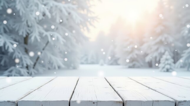 Winter snowy background with frosted white wooden table and falling snowflakes, festive seasonal backdrop