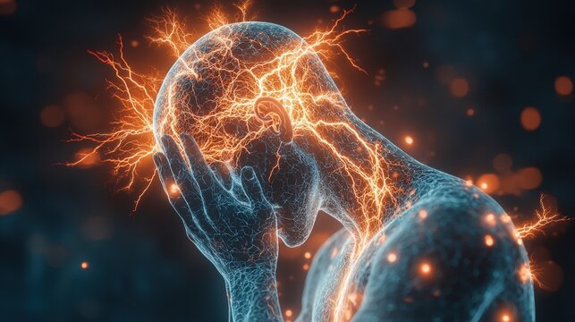 silhouette of person holds their head in distress as bright electric blue lightning bolts flash from within their skull, symbolizing severe migraine pain and turmoil