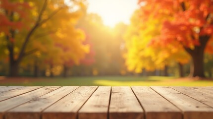 Empty rustic wooden table with blurred background of vibrant autumn forest