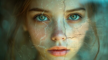 woman's face shows striking contrast: one side smooth and digitally flawless, while other reveals cracks, emphasizing impact of social media filters