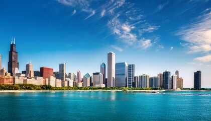 Fototapeta premium vibrant sunny view of chicago downtown skyline under a blue sky