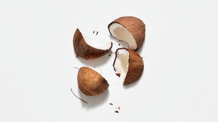 Cracked open coconut pieces display the fresh, white flesh. highlighting their natural texture and culinary potential. inviting viewers to indulge in the taste of tropical refreshment