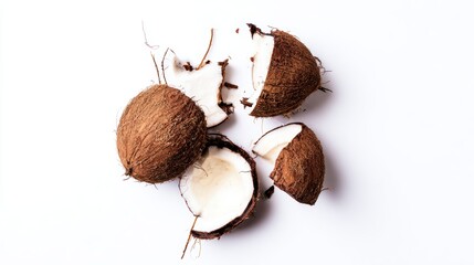 A top-down, photorealistic capture of a cracked coconut, showcasing its tough outer shell and refreshing white fruit in a stunning, organic composition. white background