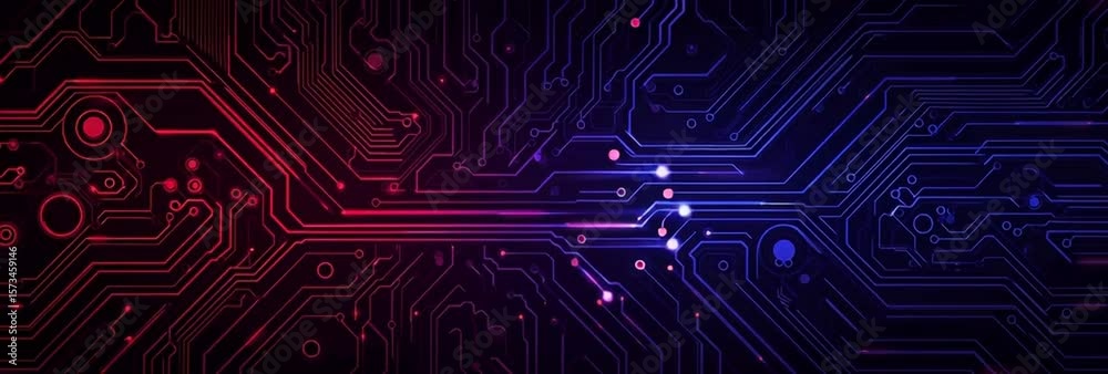 Poster abstract vector circuit board background with blue and red light effect on a dark purple background,
