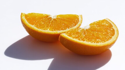 Vibrant slices of a juicy orange, radiating freshness and natural sweetness, captured in a close-up shot. The inviting image showcases the fruit's bright color and texture. white background