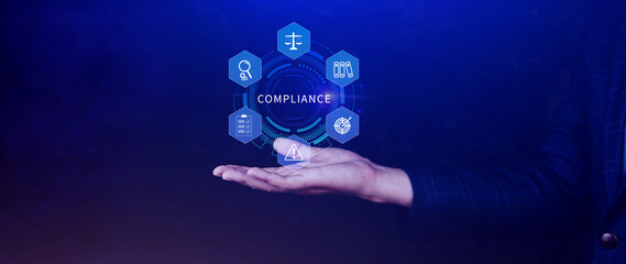 Compliance. Compliance concept with icons and text. Regulations, law, standards, requirements,...