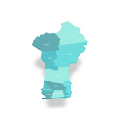 Benin political map of administrative divisions - departments. 3D turquoise vector map with name labels.