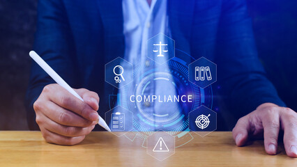 Compliance. Compliance concept with icons and text. Regulations, law, standards, requirements,...