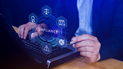 Compliance. Compliance concept with icons and text. Regulations, law, standards, requirements,...