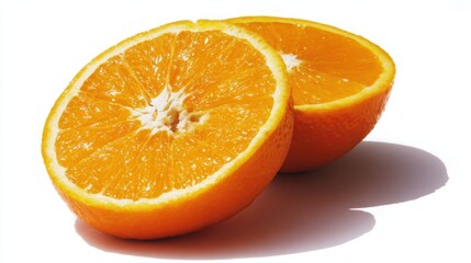 Freshly sliced orange halves, a vibrant citrus fruit, is displayed with a natural appeal, highlighting its bright color, juicy texture, and inviting taste.  white background