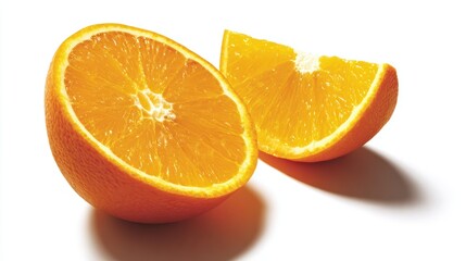 A close-up shot of a sliced orange, revealing the juicy segments and vibrant color. Showing the refreshing appeal of this citrus fruit. white background