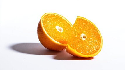 Two vibrant orange halves, freshly cut to reveal juicy segments, casting a soft shadow on a seamless field. white background