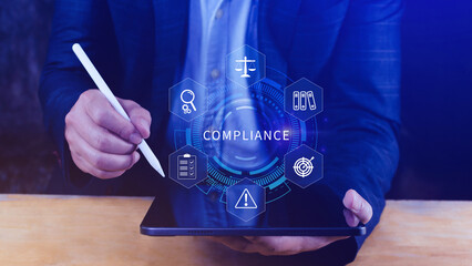 Compliance. Compliance concept with icons and text. Regulations, law, standards, requirements,...