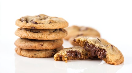 A stack of delicious chocolate chip cookies, one broken open to reveal the melty chocolate chunks, sits invitingly on a table. white background
