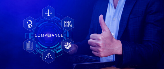 Obraz premium Compliance. Compliance concept with icons and text. Regulations, law, standards, requirements, Rule, audit diagram on virtual screen, Business internet technology