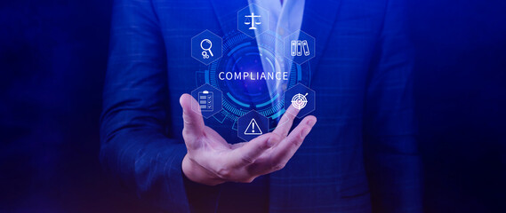 Compliance. Compliance concept with icons and text. Regulations, law, standards, requirements,...