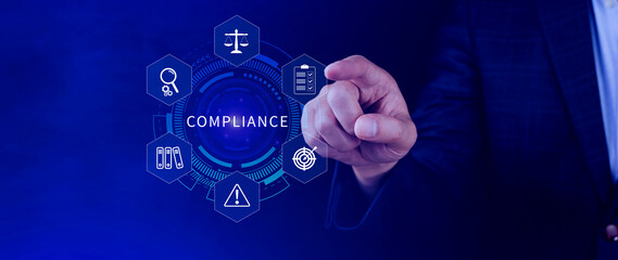 Compliance. Compliance concept with icons and text. Regulations, law, standards, requirements,...
