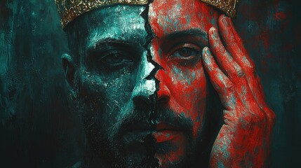 regal man golden crown grips shattered mask, revealing his mixed emotions of sorrow and defiance against dark backdrop, highlighting his intense gaze