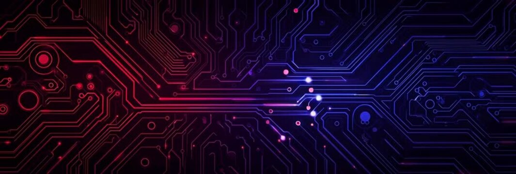 Abstract vector circuit board background with blue and red light effect on a dark purple background, a technology banner design for a website layout template Generative AI