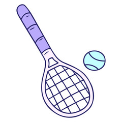 hand drawn cartoon doodle tennis racket and ball in bright neon color